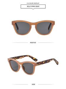 Detailed front and side views of jelly pink-gray sunglasses with tortoiseshell temples