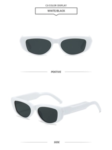 Vertical detail of white square frame sunglasses with black UV protection lenses