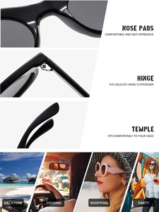 Close-up details of nose pads, metal hinges, and sleek temples of oval sunglasses