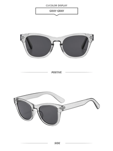 Detailed front and side views of oversized gray frames with dark lenses and temple codes