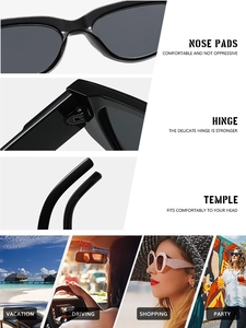 Detail of ergonomic nose pads, sturdy metal hinges, and curved temples on cat-eye sunglasses
