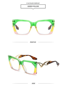 Detailed view of square gradient frames and gold hollow-out metal temples on sunglasses