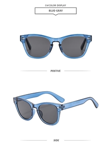 Front and side view of blue-gray cat eye sunglasses with metal hinges and dark lenses