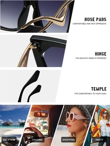 Detailed views of square sunglasses featuring curved metal temples and gradient lenses