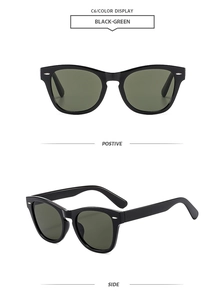 Front and side views of vintage black square sunglasses with silver rivet accents