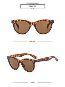 Detail of tortoise cat-eye sunglasses with tea lenses and silver rivets on white background