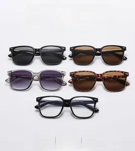 Vertical display of square frame sunglasses in five assorted trendy colors and finishes
