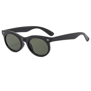Classic black oval sunglasses with dark green lenses and silver arrow rivets