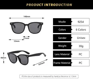 Detailed size chart for retro square sunglasses showing dimensions and PC frame specs