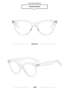 Detail view of transparent cat-eye sunglasses frames showing both front and side profiles
