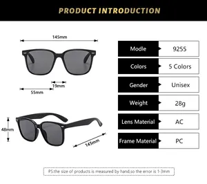 Size chart for retro square sunglasses showing 145mm frame width and AC/PC material info