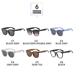 Matrix display of square retro sunglasses in six different frame colors and lens tints