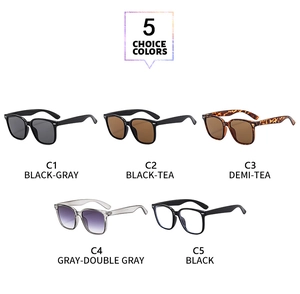 Detail view of square oversized sunglasses with retro rivets and five color options