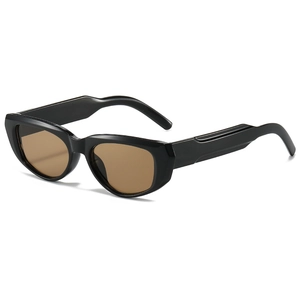 Retro thick-frame black sunglasses with brown lenses and wide temples in a stylish side view