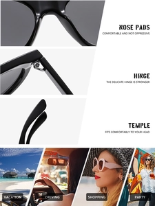 Detail of nose pads, hinges, and ergonomic temples on stylish black cat eye sunglasses