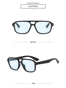 Detailed views of double-bridge square sunglasses in black with light blue lenses