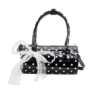 Polka dot cylinder bag with lace bow and pearl charm for elegant daily styling