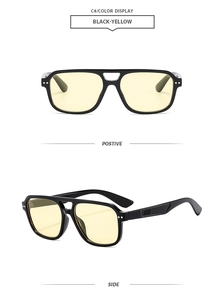 Front and side view of pilot sunglasses with bold black frames and yellow lenses