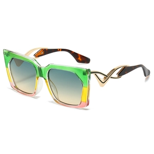 Oversized square gradient sunglasses with gold hollow metal temples and colorful frame