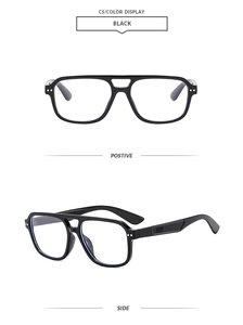 Front and side view of modern black double bridge sunglasses with silver rivet detail