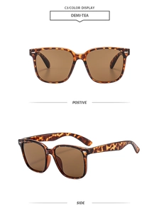 Detail view of tortoiseshell square sunglasses with metal rivet accents and tea lenses