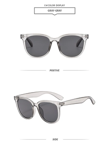 Detailed view of gray transparent square sunglasses with metal hinges and C4 color code