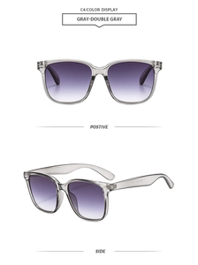 Detail view of square gray sunglasses with purple gradient lenses from front and side