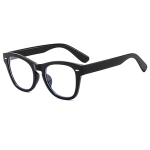 Retro oversized black square sunglasses with silver rivet accents and blue lenses