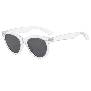 Classic cat eye sunglasses with transparent resin frames and dark grey oval lenses