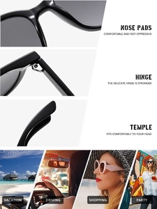 Detail view of square sunglasses with comfortable nose pads and durable metal hinges