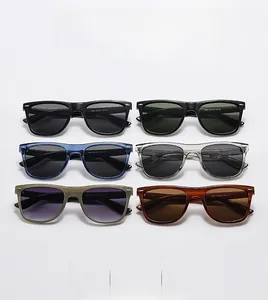 Detailed view of six colorful square sunglasses with CE mark and frame specifications