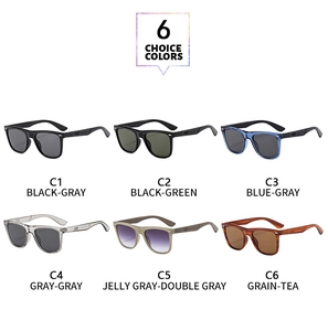 Detailed comparison of six square frame sunglasses in various color and lens tints