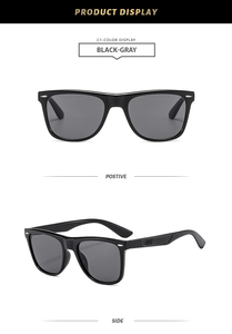Front and side views of classic black square sunglasses with silver rivet accents