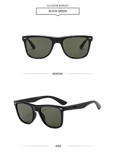 Front and side views of classic black square sunglasses with dark green lenses and silver rivets