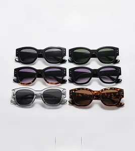 Collage of fashion sunglasses in six colors featuring square frames and UV protection
