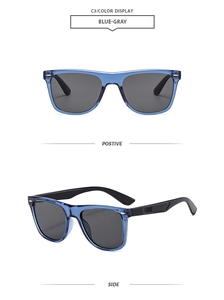 Detailed views of blue-gray square frame sunglasses with integrated nose pads and metal hinges