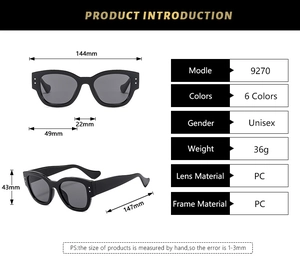 Detailed technical drawing of black square sunglasses with precise frame measurements