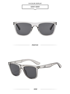 Detail view of transparent gray square frame sunglasses with dark gray lenses