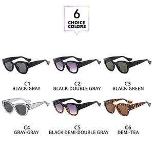 Detailed catalog showing six fashion cat-eye sunglasses in black, grey, and tortoiseshell