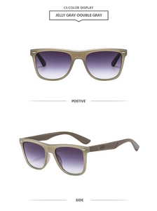 Detail view of retro square jelly gray sunglasses with gradient lenses and metal accents