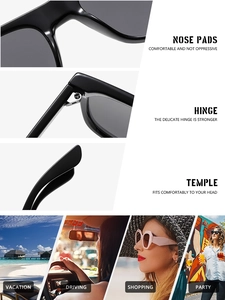 Detailed views of sturdy metal hinges and comfortable nose pads on black square sunglasses