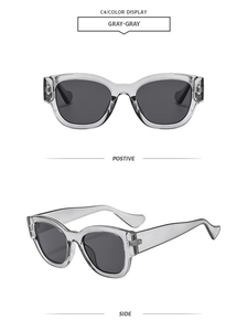Gray transparent frame sunglasses with round dark lenses and rivet detail side view