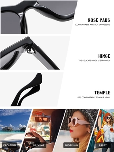 Detail view of reinforced hinges and integrated nose pads on black fashion sunglasses