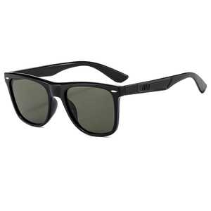 Classic square black sunglasses with dark green lenses and silver rivet detailing