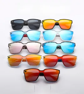 Matrix display of colorful oversized square sunglasses with stylish electric icon details