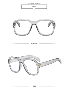 Detail view of square gray transparent sunglasses with golden wing accents on temples