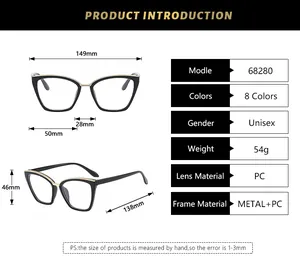 Detailed size chart for retro cat-eye glasses with specific frame and lens measurements