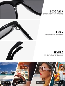 Detail of square sunglasses showing comfy nose pads, durable hinges and trendy life scenes