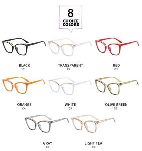 A grid display showing 8 color choices for retro cat-eye glasses frames with metal accents