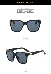 Detail view of shiny black square sunglasses featuring silver dual-stripe temple accents